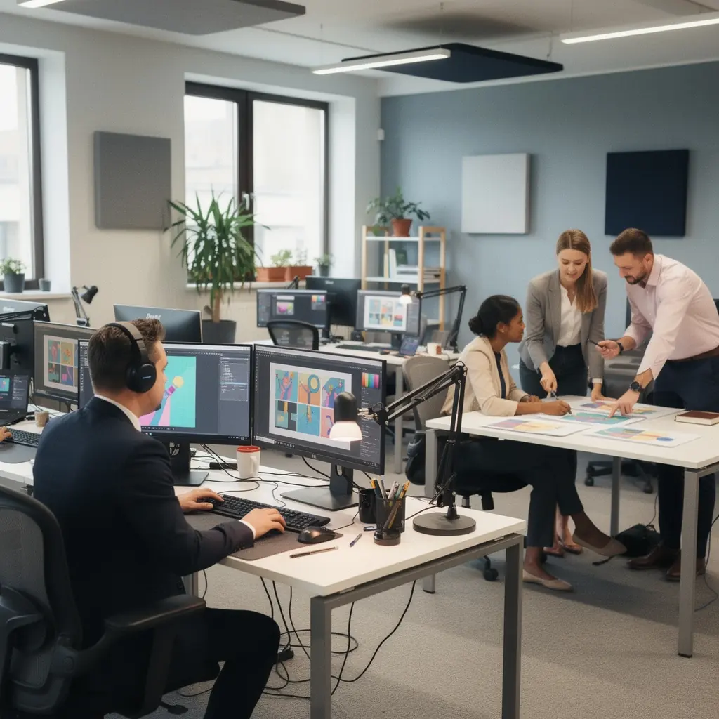 Avar kontoriruum, kus on mugavad töölauad ja helikindlad seinad, et suurendada tootlikkust.